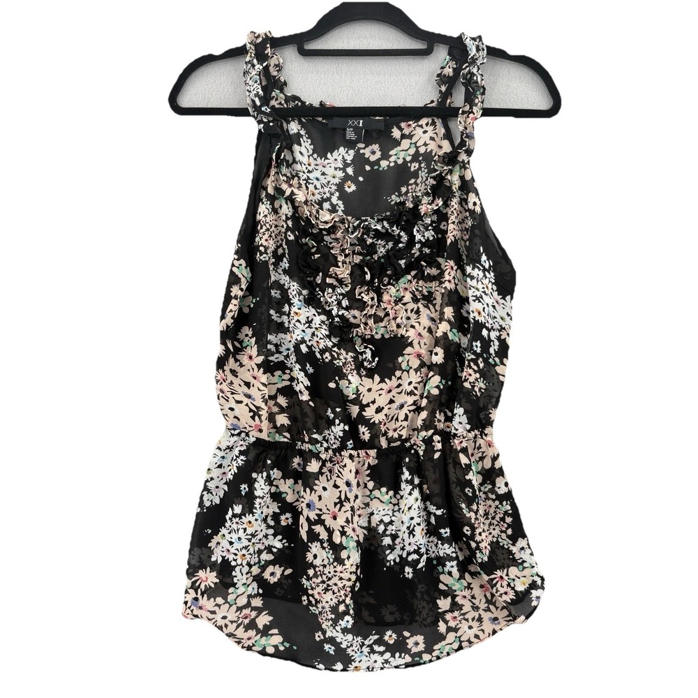 Forever 21 XXI Top‎ Women S Tank Black Sheer Floral Ruffled Straps Bohemian Y2K